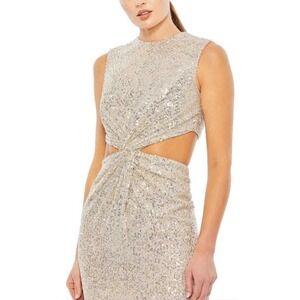 Mac Duggal SEQUIN EMBELLISHED FRONT TWIST CUT OUT COLUMN DRESS Beige Women 4 NWT